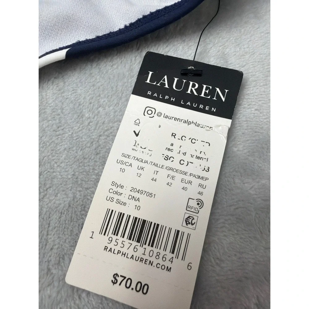 NWT Lauren Ralph Lauren Striped Ring Hipster Bikini Bottoms, Navy/White 10 $70